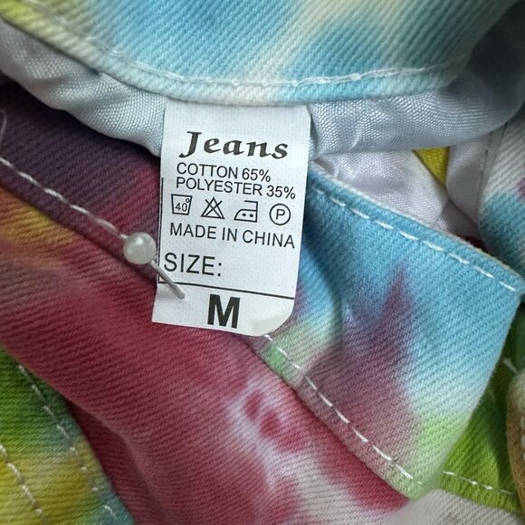 Womens‎ Tie Dye Fringe Shorts Size M Festival Boho Y2K Grunge Rainbow Denim Fun - Picture 7 of 10